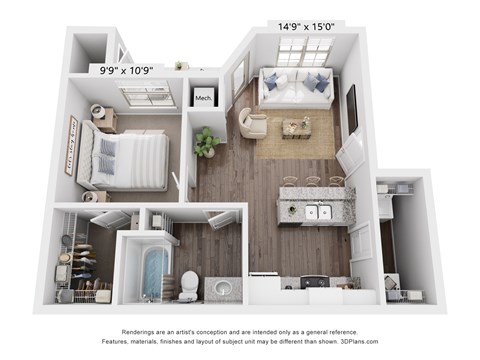 Floor plan for 1 bed, 1 bath, 659 sqft